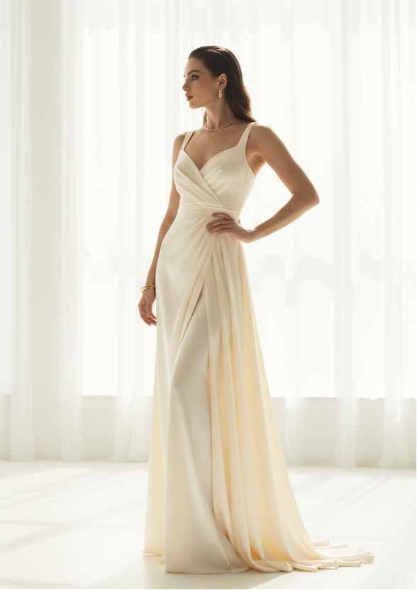 A woman wearing a sleeveless ivory wedding gown stands in a bright, sunlit studio with sheer white curtains, looking off-camera.