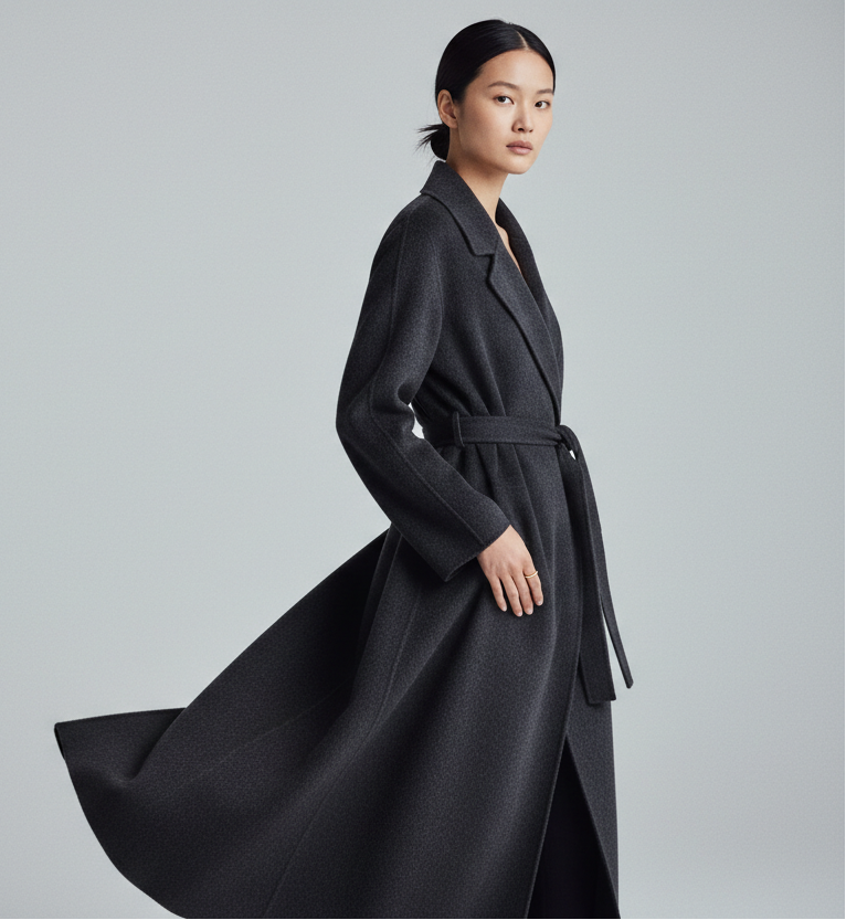 A model wearing a long black belted coat, captured from a side profile against a solid light gray studio background.